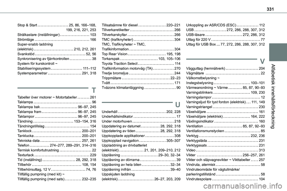 TOYOTA PROACE VERSO 2022  Bruksanvisningar (in Swedish) 331
Alfabetisk innehållsförteckning
Stop & Start   25, 86, 166–168,  199, 216, 221, 253Strålkastare (inställningar)   103Strömläge   166Super-snabb laddning  (elektrisk)   210, 212, 261Svankst