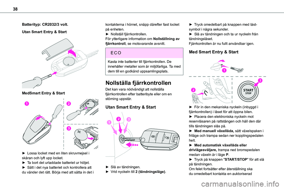 TOYOTA PROACE VERSO 2022 Bruksanvisningar (in Swedish) 38
Batterityp: CR2032/3 volt.
Utan Smart Entry & Start
MedSmart Entry & Start
► Lossa locket med en liten skruvmejsel i
skåran och lyft upp locket.► Ta bort det urladdade batteriet ur höl TOYOTA PROACE VERSO 2022 Bruksanvisningar (in Swedish) 38
Batterityp: CR2032/3 volt.
Utan Smart Entry & Start
MedSmart Entry & Start
► Lossa locket med en liten skruvmejsel i
skåran och lyft upp locket.► Ta bort det urladdade batteriet ur höl
