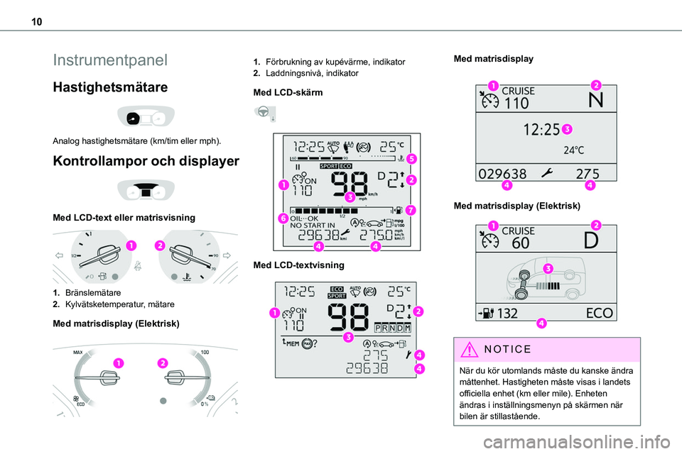 TOYOTA PROACE VERSO 2022 Bruksanvisningar (in Swedish) 10
Instrumentpanel
Hastighetsmätare
Analog hastighetsmätare (km/tim eller mph).
Kontrollampor och displayer
Med LCD-text eller matrisvisning
1.Bränslemätare
2.Kylvätsketemperatur, mätar TOYOTA PROACE VERSO 2022 Bruksanvisningar (in Swedish) 10
Instrumentpanel
Hastighetsmätare
Analog hastighetsmätare (km/tim eller mph).
Kontrollampor och displayer
Med LCD-text eller matrisvisning
1.Bränslemätare
2.Kylvätsketemperatur, mätar
