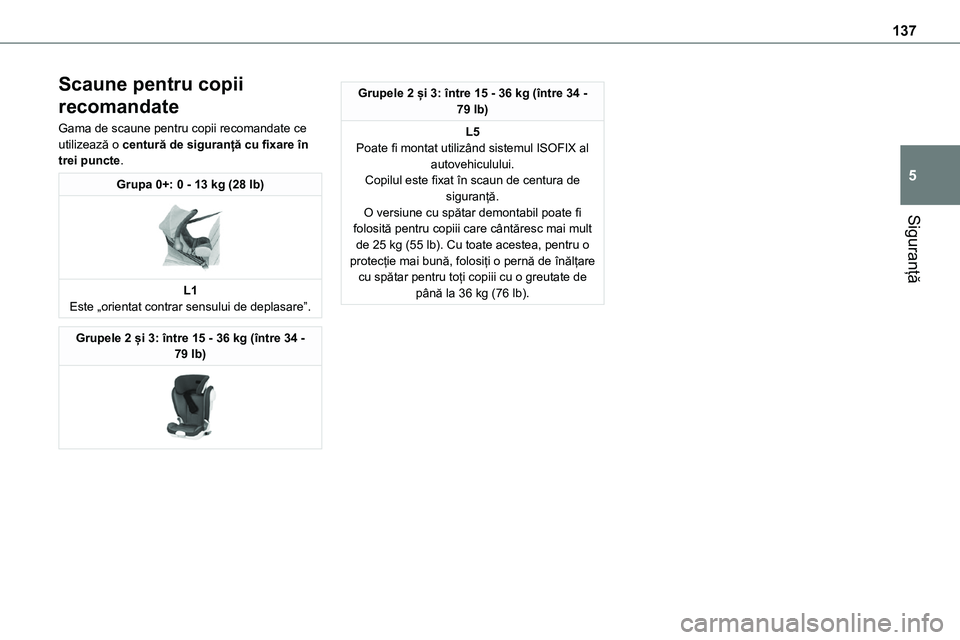TOYOTA PROACE VERSO 2022  Manual de utilizare (in Romanian) 137
Siguranță
5
Scaune pentru copii 
recomandate
Gama de scaune pentru copii recomandate ce utilizează o centură de siguranță cu fixare în trei puncte.
Grupa 0+: 0 - 13 kg (28 lb) 
 
L1Este „