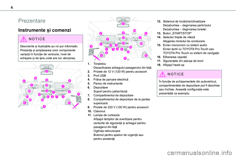 TOYOTA PROACE VERSO 2022 Manual de utilizare (in Romanian) 4
Prezentare
Instrumente și comenzi
NOTIC E
Descrierile și ilustrațiile au rol pur informativ. Prezența și amplasarea unor componente variază în funcție de versiune, nivel de echipare și de TOYOTA PROACE VERSO 2022 Manual de utilizare (in Romanian) 4
Prezentare
Instrumente și comenzi
NOTIC E
Descrierile și ilustrațiile au rol pur informativ. Prezența și amplasarea unor componente variază în funcție de versiune, nivel de echipare și de