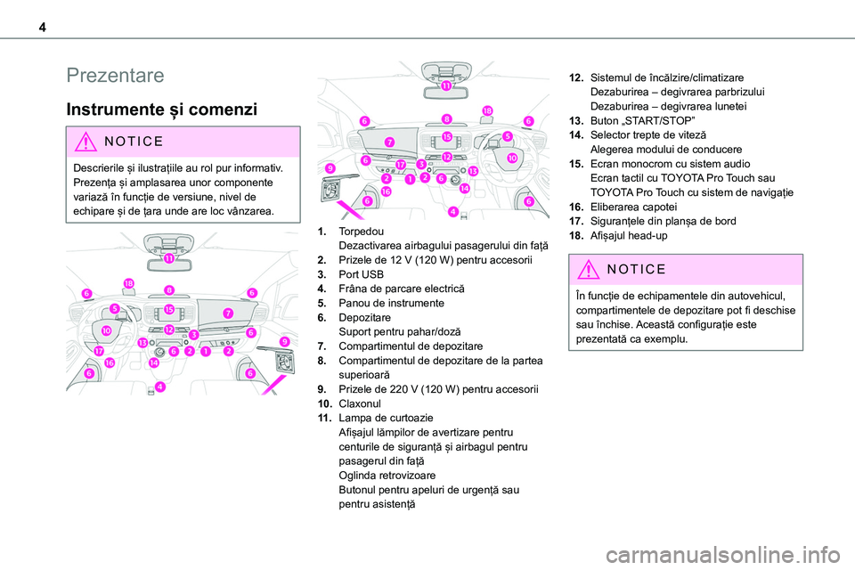 TOYOTA PROACE VERSO 2022  Manual de utilizare (in Romanian) 4
Prezentare
Instrumente și comenzi
NOTIC E
Descrierile și ilustrațiile au rol pur informativ. Prezența și amplasarea unor componente variază în funcție de versiune, nivel de echipare și de �