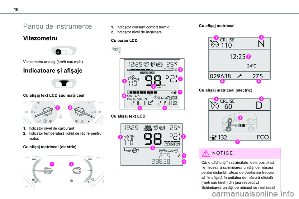 TOYOTA PROACE VERSO 2022  Manual de utilizare (in Romanian) 10
Panou de instrumente
Vitezometru 
 
Vitezometru analog (km/h sau mph).
Indicatoare și afișaje 
 
Cu afișaj text LCD sau matriceal 
 
1.Indicator nivel de carburant
2.Indicator temperatură lichi