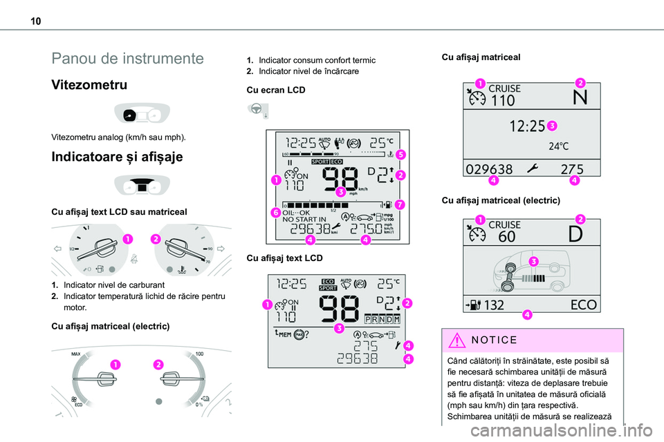 TOYOTA PROACE VERSO 2022 Manual de utilizare (in Romanian) 10
Panou de instrumente
Vitezometru
Vitezometru analog (km/h sau mph).
Indicatoare și afișaje
Cu afișaj text LCD sau matriceal
1.Indicator nivel de carburant
2.Indicator temperatură lichi TOYOTA PROACE VERSO 2022 Manual de utilizare (in Romanian) 10
Panou de instrumente
Vitezometru
Vitezometru analog (km/h sau mph).
Indicatoare și afișaje
Cu afișaj text LCD sau matriceal
1.Indicator nivel de carburant
2.Indicator temperatură lichi