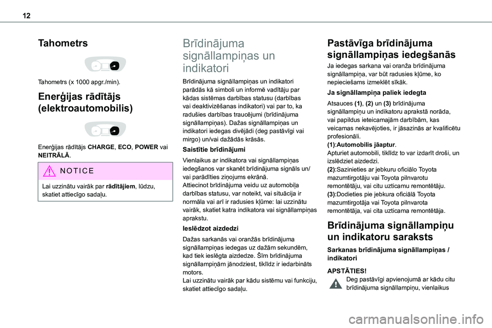 TOYOTA PROACE VERSO 2022 Lietošanas Instrukcija (in Latvian) 12
Tahometrs
Tahometrs (x 1000 apgr./min).
Enerģijas rādītājs
(elektroautomobilis)
Enerģijas rādītājs CHARGE, ECO, POWER vai NEITRĀLĀ.
NOTIC E
Lai uzzinātu vairāk par rādītājiem, TOYOTA PROACE VERSO 2022 Lietošanas Instrukcija (in Latvian) 12
Tahometrs
Tahometrs (x 1000 apgr./min).
Enerģijas rādītājs
(elektroautomobilis)
Enerģijas rādītājs CHARGE, ECO, POWER vai NEITRĀLĀ.
NOTIC E
Lai uzzinātu vairāk par rādītājiem,