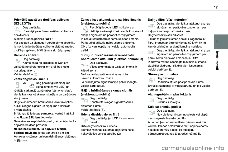 TOYOTA PROACE VERSO 2022  Lietošanas Instrukcija (in Latvian) 17
Instrumenti
1
Priekšējā pasažiera drošības spilvens (IZSLĒGTS)Deg pastāvīgi.Priekšējā pasažiera drošības spilvens ir deaktivizēts.Slēdzis atrodas pozīcijā "OFF".Var uzst�