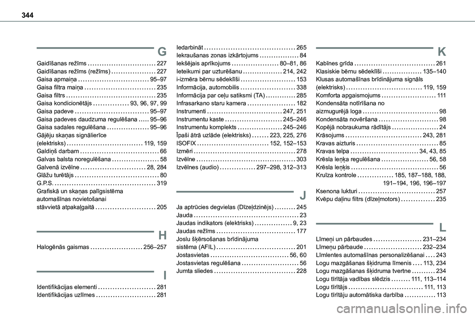 TOYOTA PROACE VERSO 2022  Lietošanas Instrukcija (in Latvian) 344
G
Gaidīšanas režīms   227Gaidīšanas režīms (režīms)   227Gaisa apmaiņa   95–97Gaisa filtra maiņa   235Gaisa filtrs   235Gaisa kondicionētājs   93, 96, 97, 99
Gaisa padeve   95–97