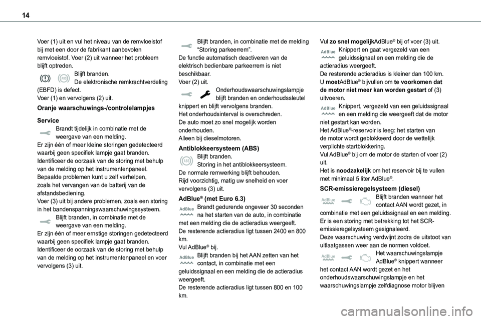 TOYOTA PROACE VERSO 2022 Instructieboekje (in Dutch) 14
Voer (1) uit en vul het niveau van de remvloeistof bij met een door de fabrikant aanbevolen remvloeistof. Voer (2) uit wanneer het probleem blijft optreden.Blijft branden.De elektronische remkracht TOYOTA PROACE VERSO 2022 Instructieboekje (in Dutch) 14
Voer (1) uit en vul het niveau van de remvloeistof bij met een door de fabrikant aanbevolen remvloeistof. Voer (2) uit wanneer het probleem blijft optreden.Blijft branden.De elektronische remkracht