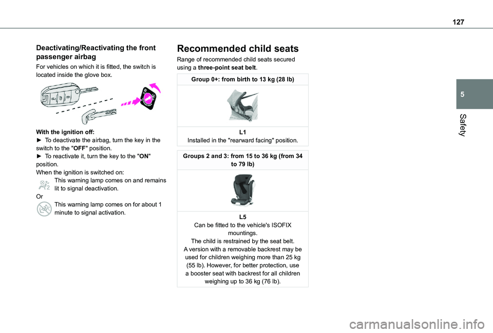 TOYOTA PROACE VERSO EV 2021 Owners Manual 127
Safety
5
Deactivating/Reactivating the front
passenger airbag
For vehicles on which it is fitted, the switch is located inside the glove box.
With the ignition off:► To deactivate the airbag TOYOTA PROACE VERSO EV 2021 Owners Manual 127
Safety
5
Deactivating/Reactivating the front
passenger airbag
For vehicles on which it is fitted, the switch is located inside the glove box.
With the ignition off:► To deactivate the airbag