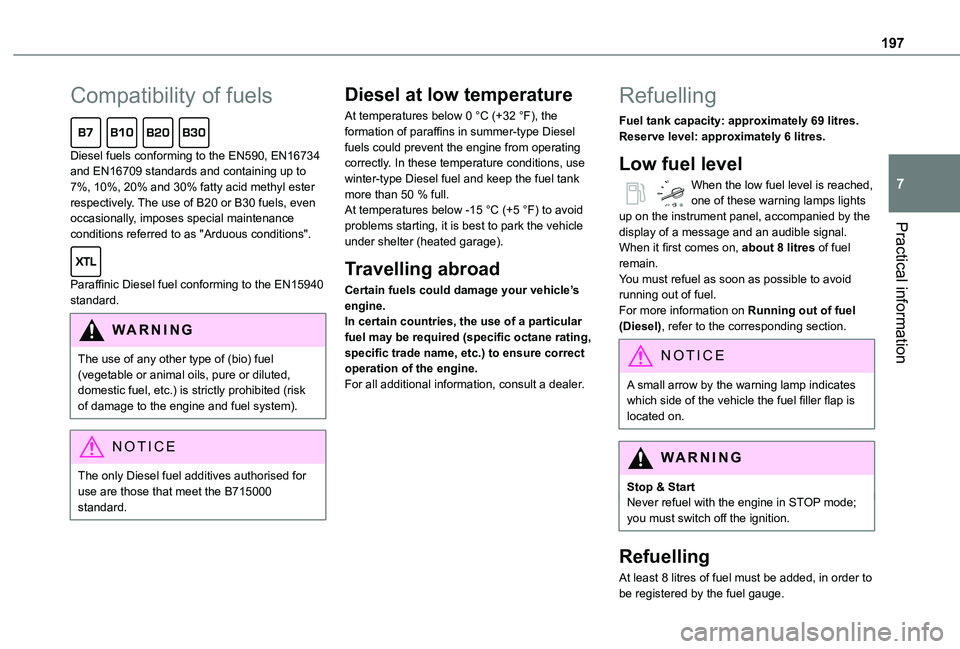 TOYOTA PROACE VERSO EV 2021 Owners Manual 197
Practical information
7
Compatibility of fuels
Diesel fuels conforming to the EN590, EN16734 and EN16709 standards and containing up to 7%, 10%, 20% and 30% fatty acid methyl ester respectively. TOYOTA PROACE VERSO EV 2021 Owners Manual 197
Practical information
7
Compatibility of fuels
Diesel fuels conforming to the EN590, EN16734 and EN16709 standards and containing up to 7%, 10%, 20% and 30% fatty acid methyl ester respectively.
