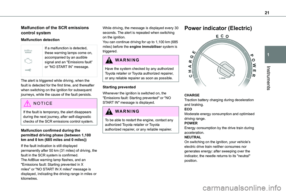 TOYOTA PROACE VERSO EV 2021 Owners Manual 21
Instruments
1
Malfunction of the SCR emissions 
control system
Malfunction detection
 
 
If a malfunction is detected, these warning lamps come on, accompanied by an audible signal and an "Emis