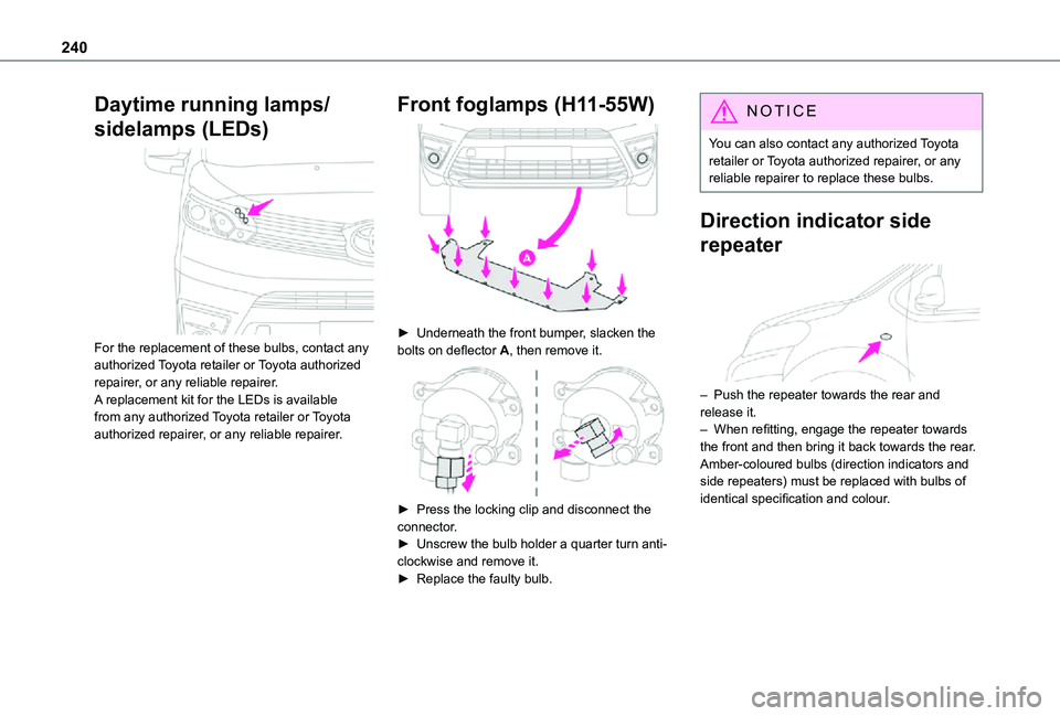 TOYOTA PROACE VERSO EV 2021 Owners Manual 240
Daytime running lamps/
sidelamps (LEDs)
For the replacement of these bulbs, contact any authorized Toyota retailer or Toyota authorized repairer, or any reliable repairer.A replacement kit for TOYOTA PROACE VERSO EV 2021 Owners Manual 240
Daytime running lamps/
sidelamps (LEDs)
For the replacement of these bulbs, contact any authorized Toyota retailer or Toyota authorized repairer, or any reliable repairer.A replacement kit for