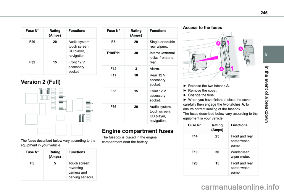 TOYOTA PROACE VERSO EV 2021 Owners Manual 245
In the event of a breakdown
8
Fuse N°Rating(Amps)Functions
F2920Audio system, touch screen, CD player, navigation.
F3215Front 12 V accessory socket.
Version 2 (Full)
The fuses described below TOYOTA PROACE VERSO EV 2021 Owners Manual 245
In the event of a breakdown
8
Fuse N°Rating(Amps)Functions
F2920Audio system, touch screen, CD player, navigation.
F3215Front 12 V accessory socket.
Version 2 (Full)
The fuses described below