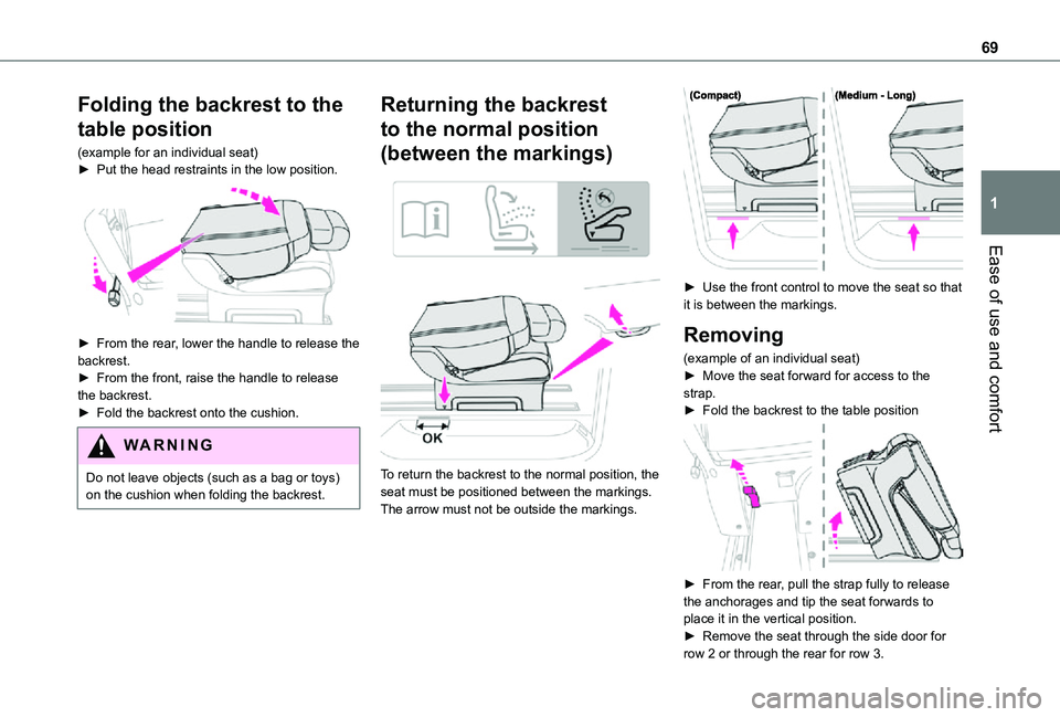 TOYOTA PROACE VERSO EV 2021 Repair Manual 69
Ease of use and comfort
1
Folding the backrest to the 
table position
(example for an individual seat)► Put the head restraints in the low position. 
 
► From the rear, lower the handle to rele