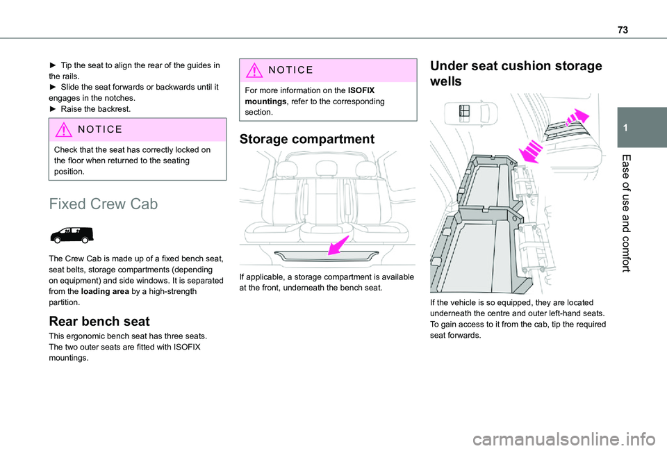 TOYOTA PROACE VERSO EV 2021 Manual PDF 73
Ease of use and comfort
1
► Tip the seat to align the rear of the guides in the rails.► Slide the seat forwards or backwards until it engages in the notches.► Raise the backrest.
NOTIC E
Che TOYOTA PROACE VERSO EV 2021 Manual PDF 73
Ease of use and comfort
1
► Tip the seat to align the rear of the guides in the rails.► Slide the seat forwards or backwards until it engages in the notches.► Raise the backrest.
NOTIC E
Che