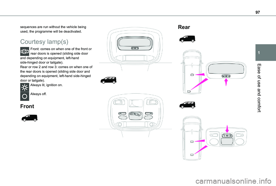 TOYOTA PROACE VERSO EV 2021 Owners Manual 97
Ease of use and comfort
1
sequences are run without the vehicle being used, the programme will be deactivated.
Courtesy lamp(s)
Front: comes on when one of the front or rear doors is opened (slidin TOYOTA PROACE VERSO EV 2021 Owners Manual 97
Ease of use and comfort
1
sequences are run without the vehicle being used, the programme will be deactivated.
Courtesy lamp(s)
Front: comes on when one of the front or rear doors is opened (slidin