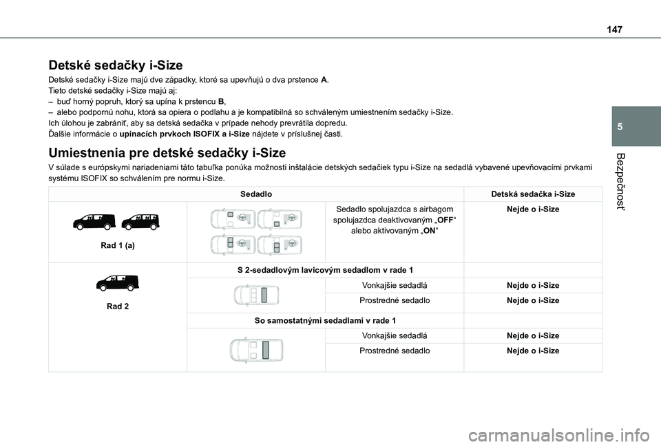 TOYOTA PROACE VERSO EV 2021 Návod na použitie (in Slovakian) 147
Bezpečnosť
5
Detské sedačky i-Size
Detské sedačky i-Size majú dve západky, ktoré sa upevňujú o dva prstence A.Tieto detské sedačky i-Size majú aj:– buď horný popruh, ktorý sa up TOYOTA PROACE VERSO EV 2021 Návod na použitie (in Slovakian) 147
Bezpečnosť
5
Detské sedačky i-Size
Detské sedačky i-Size majú dve západky, ktoré sa upevňujú o dva prstence A.Tieto detské sedačky i-Size majú aj:– buď horný popruh, ktorý sa up