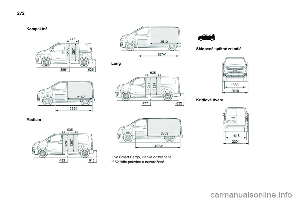 TOYOTA PROACE VERSO EV 2021 Návod na použitie (in Slovakian) 272
Kompaktné
Medium
Long
* So Smart Cargo, klapka odstránená.** Vozidlo prázdne a nezaťažené.
Sklopené spätné zrkadlá
Krídlové dvere
TOYOTA PROACE VERSO EV 2021 Návod na použitie (in Slovakian) 272
Kompaktné
Medium
Long
* So Smart Cargo, klapka odstránená.** Vozidlo prázdne a nezaťažené.
Sklopené spätné zrkadlá
Krídlové dvere