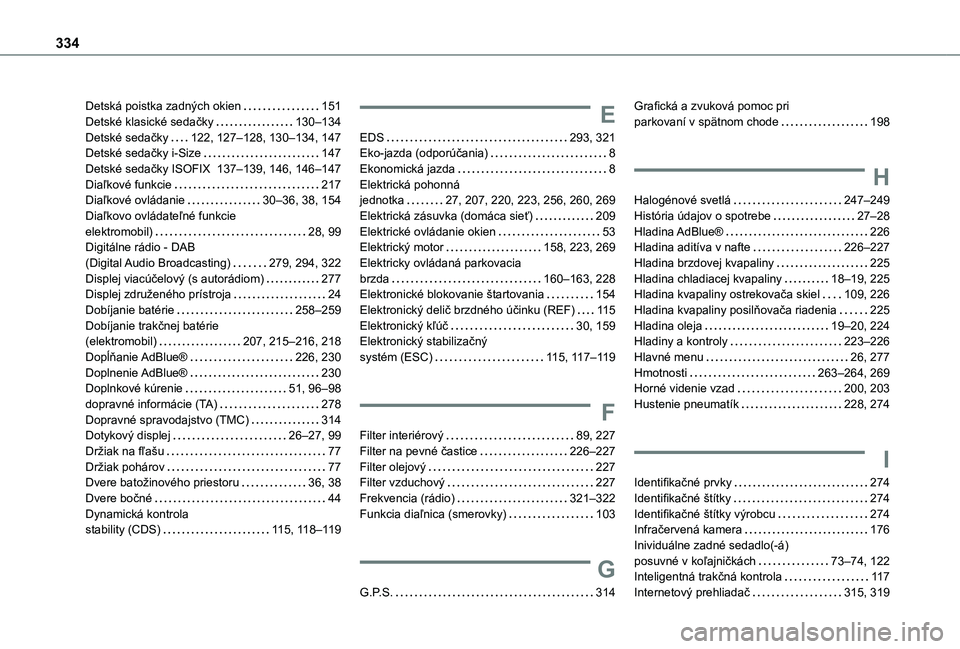 TOYOTA PROACE VERSO EV 2021 Návod na použitie (in Slovakian) 334
Detská poistka zadných okien 151Detské klasické sedačky 130–134Detské sedačky 122, 127–128, 130–134, 147Detské sedačky i-Size 147Detské sedačky ISOFIX 137–139, 146, 14 TOYOTA PROACE VERSO EV 2021 Návod na použitie (in Slovakian) 334
Detská poistka zadných okien 151Detské klasické sedačky 130–134Detské sedačky 122, 127–128, 130–134, 147Detské sedačky i-Size 147Detské sedačky ISOFIX 137–139, 146, 14