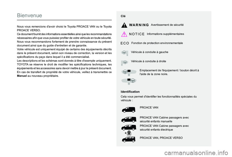 TOYOTA PROACE VERSO EV 2021 Notices Demploi (in French)
Bienvenue
Nous vous remercions d'avoir choisi le Toyota PROACE VAN ou le Toyota PROACE VERSO.Ce document fournit des informations essentielles ains TOYOTA PROACE VERSO EV 2021 Notices Demploi (in French)
Bienvenue
Nous vous remercions d'avoir choisi le Toyota PROACE VAN ou le Toyota PROACE VERSO.Ce document fournit des informations essentielles ains