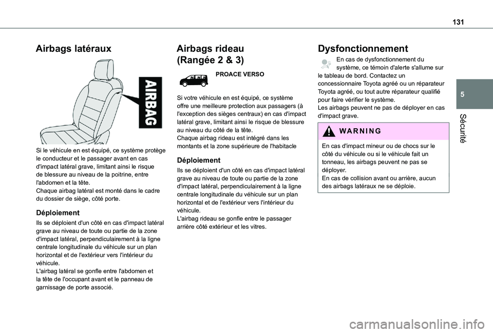 TOYOTA PROACE VERSO EV 2021 Notices Demploi (in French) 131
Sécurité
5
Airbags latéraux
Si le véhicule en est équipé, ce système protège le conducteur et le passager avant en cas d'impact latéral grave, limitant ainsi le risque de blessure TOYOTA PROACE VERSO EV 2021 Notices Demploi (in French) 131
Sécurité
5
Airbags latéraux
Si le véhicule en est équipé, ce système protège le conducteur et le passager avant en cas d'impact latéral grave, limitant ainsi le risque de blessure
