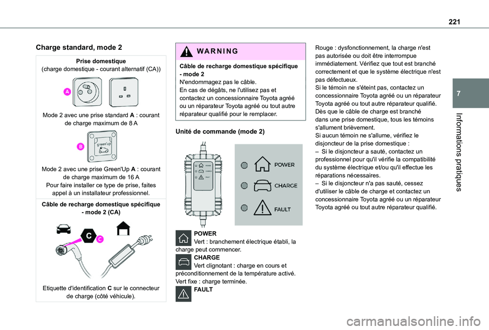 TOYOTA PROACE VERSO EV 2021 Notices Demploi (in French) 221
Informations pratiques
7
Charge standard, mode 2
Prise domestique(charge domestique - courant alternatif (CA))
Mode 2 avec une prise standard A : courant de charge maximum de 8 A
Mode 2 avec TOYOTA PROACE VERSO EV 2021 Notices Demploi (in French) 221
Informations pratiques
7
Charge standard, mode 2
Prise domestique(charge domestique - courant alternatif (CA))
Mode 2 avec une prise standard A : courant de charge maximum de 8 A
Mode 2 avec