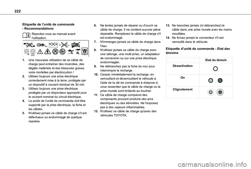 TOYOTA PROACE VERSO EV 2021 Notices Demploi (in French) 222
Etiquette de l'unité de commande - Recommandations
Reportez-vous au manuel avant l'utilisation.
1.Une mauvaise utilisation de ce câble de charge peut entraîner des incendies, des dégâ TOYOTA PROACE VERSO EV 2021 Notices Demploi (in French) 222
Etiquette de l'unité de commande - Recommandations
Reportez-vous au manuel avant l'utilisation.
1.Une mauvaise utilisation de ce câble de charge peut entraîner des incendies, des dégâ