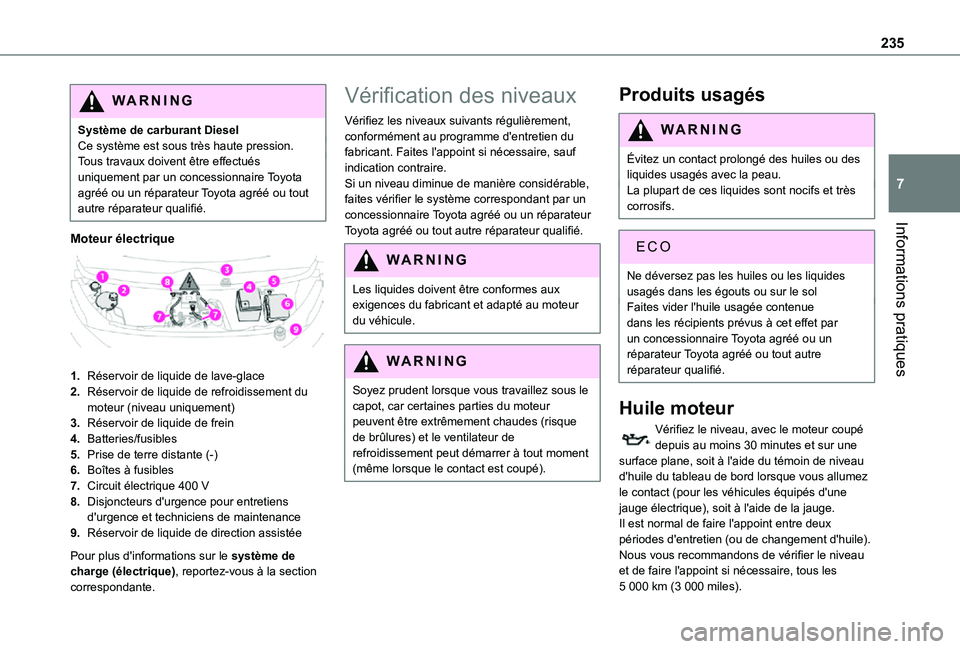TOYOTA PROACE VERSO EV 2021 Notices Demploi (in French) 235
Informations pratiques
7
WARNI NG
Système de carburant DieselCe système est sous très haute pression.Tous travaux doivent être effectués uniquement par un concessionnaire Toyota agréé ou un TOYOTA PROACE VERSO EV 2021 Notices Demploi (in French) 235
Informations pratiques
7
WARNI NG
Système de carburant DieselCe système est sous très haute pression.Tous travaux doivent être effectués uniquement par un concessionnaire Toyota agréé ou un