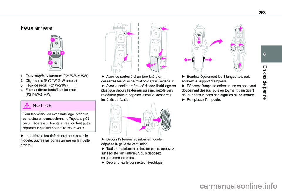TOYOTA PROACE VERSO EV 2021 Notices Demploi (in French) 263
En cas de panne
8
Feux arrière
1.Feux stop/feux latéraux (P21/5W-21/5W)
2.Clignotants (PY21W-21W ambre)
3.Feux de recul (P21W-21W)
4.Feux antibrouillards/feux latéraux (P21/4W-21/4W)
NOTIC E TOYOTA PROACE VERSO EV 2021 Notices Demploi (in French) 263
En cas de panne
8
Feux arrière
1.Feux stop/feux latéraux (P21/5W-21/5W)
2.Clignotants (PY21W-21W ambre)
3.Feux de recul (P21W-21W)
4.Feux antibrouillards/feux latéraux (P21/4W-21/4W)
NOTIC E