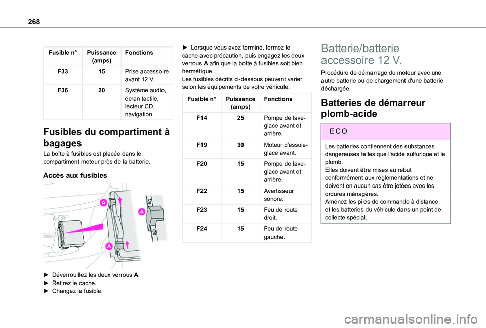 TOYOTA PROACE VERSO EV 2021 Notices Demploi (in French) 268
Fusible n°Puissance(amps)Fonctions
F3315Prise accessoire avant 12 V.
F3620Système audio, écran tactile, lecteur CD, navigation.
Fusibles du compartiment à
bagages
La boîte à fusibles est pl TOYOTA PROACE VERSO EV 2021 Notices Demploi (in French) 268
Fusible n°Puissance(amps)Fonctions
F3315Prise accessoire avant 12 V.
F3620Système audio, écran tactile, lecteur CD, navigation.
Fusibles du compartiment à
bagages
La boîte à fusibles est pl
