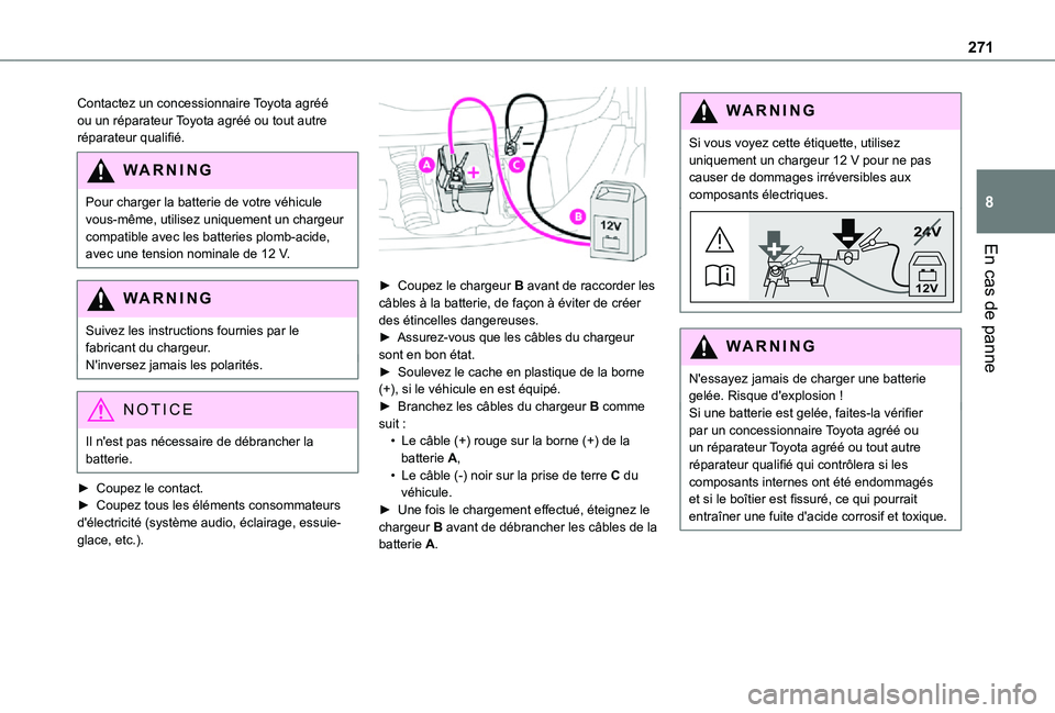 TOYOTA PROACE VERSO EV 2021 Notices Demploi (in French) 271
En cas de panne
8
Contactez un concessionnaire Toyota agréé ou un réparateur Toyota agréé ou tout autre réparateur qualifié.
WARNI NG
Pour charger la batterie de votre véhicule vous-même, TOYOTA PROACE VERSO EV 2021 Notices Demploi (in French) 271
En cas de panne
8
Contactez un concessionnaire Toyota agréé ou un réparateur Toyota agréé ou tout autre réparateur qualifié.
WARNI NG
Pour charger la batterie de votre véhicule vous-même,