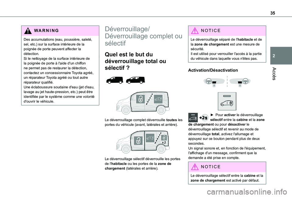 TOYOTA PROACE VERSO EV 2021 Notices Demploi (in French) 35
Accès
2
WARNI NG
Des accumulations (eau, poussière, saleté, sel, etc.) sur la surface intérieure de la poignée de porte peuvent affecter la détection.Si le nettoyage de la surface intérieure TOYOTA PROACE VERSO EV 2021 Notices Demploi (in French) 35
Accès
2
WARNI NG
Des accumulations (eau, poussière, saleté, sel, etc.) sur la surface intérieure de la poignée de porte peuvent affecter la détection.Si le nettoyage de la surface intérieure