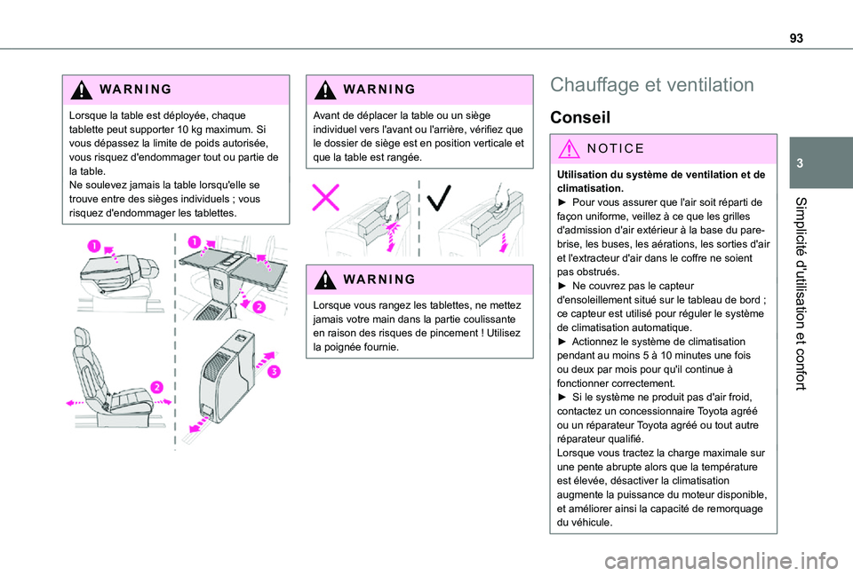 TOYOTA PROACE VERSO EV 2021 Notices Demploi (in French) 93
Simplicité d'utilisation et confort
3
WARNI NG
Lorsque la table est déployée, chaque tablette peut supporter 10 kg maximum. Si vous dépassez la limite de poids autorisée, vous risquez d TOYOTA PROACE VERSO EV 2021 Notices Demploi (in French) 93
Simplicité d'utilisation et confort
3
WARNI NG
Lorsque la table est déployée, chaque tablette peut supporter 10 kg maximum. Si vous dépassez la limite de poids autorisée, vous risquez d