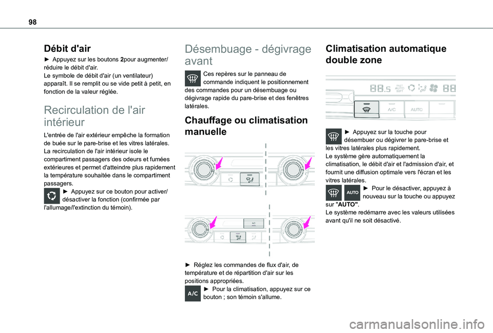 TOYOTA PROACE VERSO EV 2021 Notices Demploi (in French) 98
Débit d'air
► Appuyez sur les boutons 2pour augmenter/réduire le débit d'air.Le symbole de débit d'air (un ventilateur) apparaît. Il se remplit ou se vide petit à petit, en fonc TOYOTA PROACE VERSO EV 2021 Notices Demploi (in French) 98
Débit d'air
► Appuyez sur les boutons 2pour augmenter/réduire le débit d'air.Le symbole de débit d'air (un ventilateur) apparaît. Il se remplit ou se vide petit à petit, en fonc