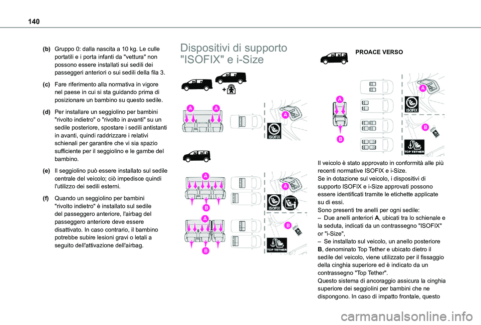 TOYOTA PROACE VERSO EV 2021  Manuale duso (in Italian) 140
(b)Gruppo 0: dalla nascita a 10 kg. Le culle portatili e i porta infanti da "vettura" non possono essere installati sui sedili dei passeggeri anteriori o sui sedili della fila 3.
(c)Fare r