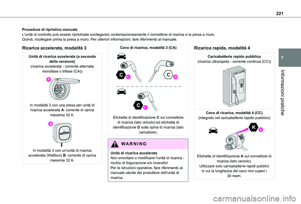 TOYOTA PROACE VERSO EV 2021  Manuale duso (in Italian) 221
Informazioni pratiche
7
Procedura di ripristino manualeL'unità di controllo può essere ripristinata scollegando contempor\
aneamente il connettore di ricarica e la presa a muro.Quindi, ricol
