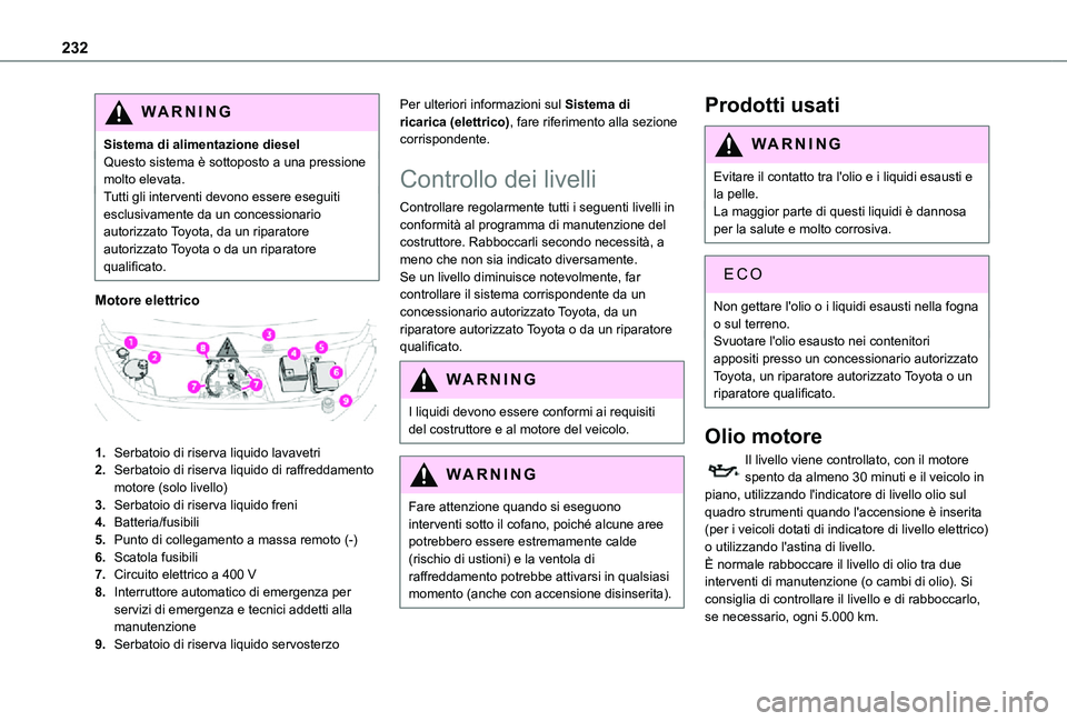TOYOTA PROACE VERSO EV 2021 Manuale duso (in Italian) 232
WARNI NG
Sistema di alimentazione dieselQuesto sistema è sottoposto a una pressione molto elevata.Tutti gli interventi devono essere eseguiti esclusivamente da un concessionario autorizzato Toyot TOYOTA PROACE VERSO EV 2021 Manuale duso (in Italian) 232
WARNI NG
Sistema di alimentazione dieselQuesto sistema è sottoposto a una pressione molto elevata.Tutti gli interventi devono essere eseguiti esclusivamente da un concessionario autorizzato Toyot