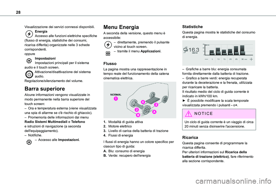 TOYOTA PROACE VERSO EV 2021 Manuale duso (in Italian) 28
Visualizzazione dei servizi connessi disponibili.EnergiaAccesso alle funzioni elettriche specifiche (flusso di energia, statistiche dei consumi, ricarica differita) organizzate nelle 3 schede corri TOYOTA PROACE VERSO EV 2021 Manuale duso (in Italian) 28
Visualizzazione dei servizi connessi disponibili.EnergiaAccesso alle funzioni elettriche specifiche (flusso di energia, statistiche dei consumi, ricarica differita) organizzate nelle 3 schede corri