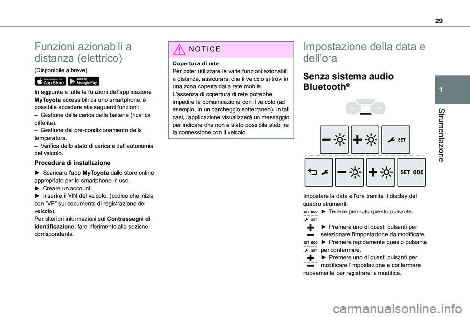 TOYOTA PROACE VERSO EV 2021  Manuale duso (in Italian) 29
Strumentazione
1
Funzioni azionabili a 
distanza (elettrico)
(Disponibile a breve) 
 
In aggiunta a tutte le funzioni dell'applicazione MyToyota accessibili da uno smartphone, è possibile acce