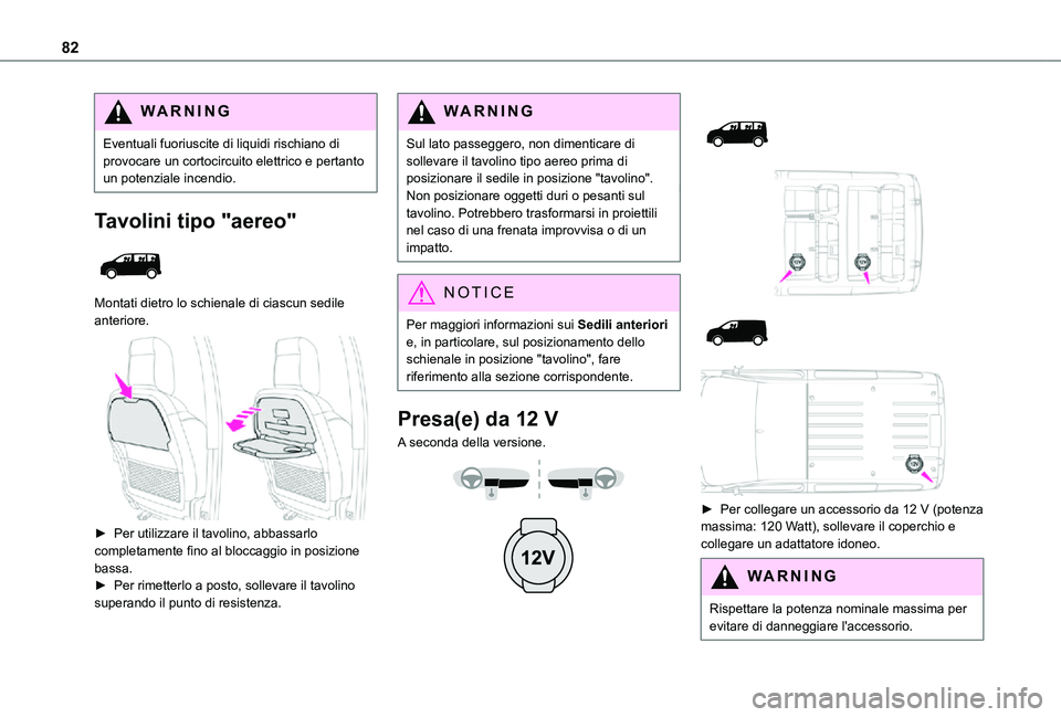 TOYOTA PROACE VERSO EV 2021 Manuale duso (in Italian) 82
WARNI NG
Eventuali fuoriuscite di liquidi rischiano di provocare un cortocircuito elettrico e pertanto un potenziale incendio.
Tavolini tipo "aereo"
Montati dietro lo schienale di ciascu TOYOTA PROACE VERSO EV 2021 Manuale duso (in Italian) 82
WARNI NG
Eventuali fuoriuscite di liquidi rischiano di provocare un cortocircuito elettrico e pertanto un potenziale incendio.
Tavolini tipo "aereo"
Montati dietro lo schienale di ciascu
