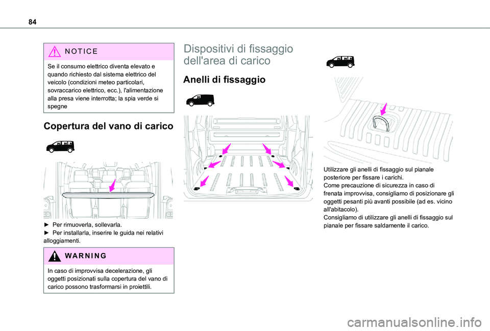 TOYOTA PROACE VERSO EV 2021 Manuale duso (in Italian) 84
NOTIC E
Se il consumo elettrico diventa elevato e quando richiesto dal sistema elettrico del veicolo (condizioni meteo particolari, sovraccarico elettrico, ecc.), l'alimentazione alla presa vie TOYOTA PROACE VERSO EV 2021 Manuale duso (in Italian) 84
NOTIC E
Se il consumo elettrico diventa elevato e quando richiesto dal sistema elettrico del veicolo (condizioni meteo particolari, sovraccarico elettrico, ecc.), l'alimentazione alla presa vie