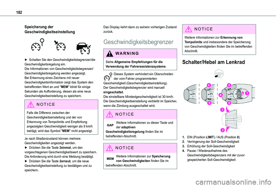 TOYOTA PROACE VERSO EV 2021 Betriebsanleitungen (in German) 182
Speicherung der
Geschwindigkeitseinstellung
► Schalten Sie den Geschwindigkeitsbegrenzer/die Geschwindigkeitsregelung ein.Die Informationen von Geschwindigkeitsbegrenzer/Geschwindigkeitsrege TOYOTA PROACE VERSO EV 2021 Betriebsanleitungen (in German) 182
Speicherung der
Geschwindigkeitseinstellung
► Schalten Sie den Geschwindigkeitsbegrenzer/die Geschwindigkeitsregelung ein.Die Informationen von Geschwindigkeitsbegrenzer/Geschwindigkeitsrege
