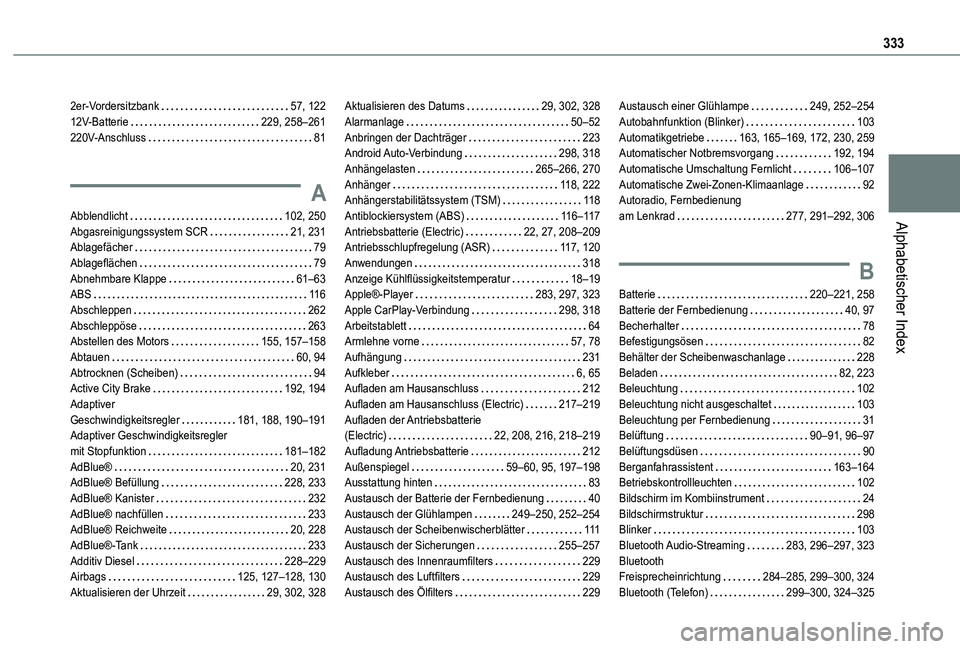TOYOTA PROACE VERSO EV 2021 Betriebsanleitungen (in German) 333
Alphabetischer Index
2er-Vordersitzbank 57, 12212V-Batterie 229, 258–261220V-Anschluss 81
A
Abblendlicht 102, 250Abgasreinigungssystem SCR 21, 231Ablagefächer 79Ablageflächen 79A TOYOTA PROACE VERSO EV 2021 Betriebsanleitungen (in German) 333
Alphabetischer Index
2er-Vordersitzbank 57, 12212V-Batterie 229, 258–261220V-Anschluss 81
A
Abblendlicht 102, 250Abgasreinigungssystem SCR 21, 231Ablagefächer 79Ablageflächen 79A