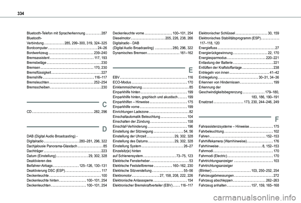 TOYOTA PROACE VERSO EV 2021 Betriebsanleitungen (in German) 334
Bluetooth-Telefon mit Spracherkennung 287Bluetooth- Verbindung 285, 299–300, 319, 324–325Bordcomputer 24–26Bordwerkzeug 239–240Bremsassistent 11 7, 193Bremsbeläge 230Bremsen TOYOTA PROACE VERSO EV 2021 Betriebsanleitungen (in German) 334
Bluetooth-Telefon mit Spracherkennung 287Bluetooth- Verbindung 285, 299–300, 319, 324–325Bordcomputer 24–26Bordwerkzeug 239–240Bremsassistent 11 7, 193Bremsbeläge 230Bremsen