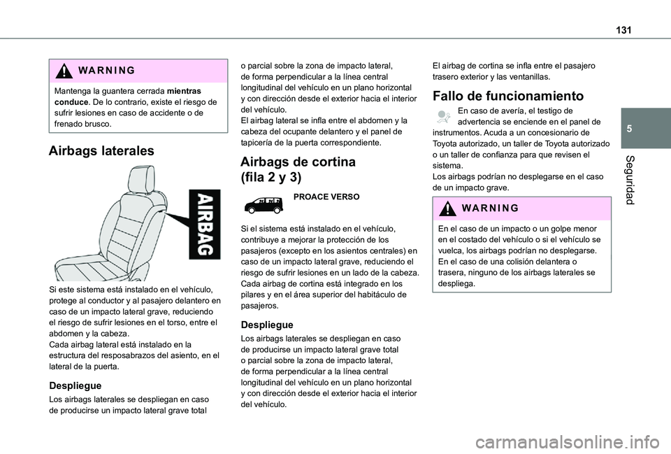 TOYOTA PROACE VERSO EV 2021 Manuale de Empleo (in Spanish) 131
Seguridad
5
WARNI NG
Mantenga la guantera cerrada mientras conduce. De lo contrario, existe el riesgo de sufrir lesiones en caso de accidente o de frenado brusco.
Airbags laterales
Si este sist TOYOTA PROACE VERSO EV 2021 Manuale de Empleo (in Spanish) 131
Seguridad
5
WARNI NG
Mantenga la guantera cerrada mientras conduce. De lo contrario, existe el riesgo de sufrir lesiones en caso de accidente o de frenado brusco.
Airbags laterales
Si este sist