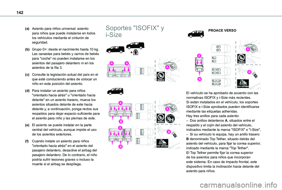 TOYOTA PROACE VERSO EV 2021 Manuale de Empleo (in Spanish) 142
(a)Asiento para niños universal: asiento para niños que puede instalarse en todos los vehículos mediante el cinturón de seguridad.
(b)Grupo 0+: desde el nacimiento hasta 10 kg. Las canastas pa TOYOTA PROACE VERSO EV 2021 Manuale de Empleo (in Spanish) 142
(a)Asiento para niños universal: asiento para niños que puede instalarse en todos los vehículos mediante el cinturón de seguridad.
(b)Grupo 0+: desde el nacimiento hasta 10 kg. Las canastas pa