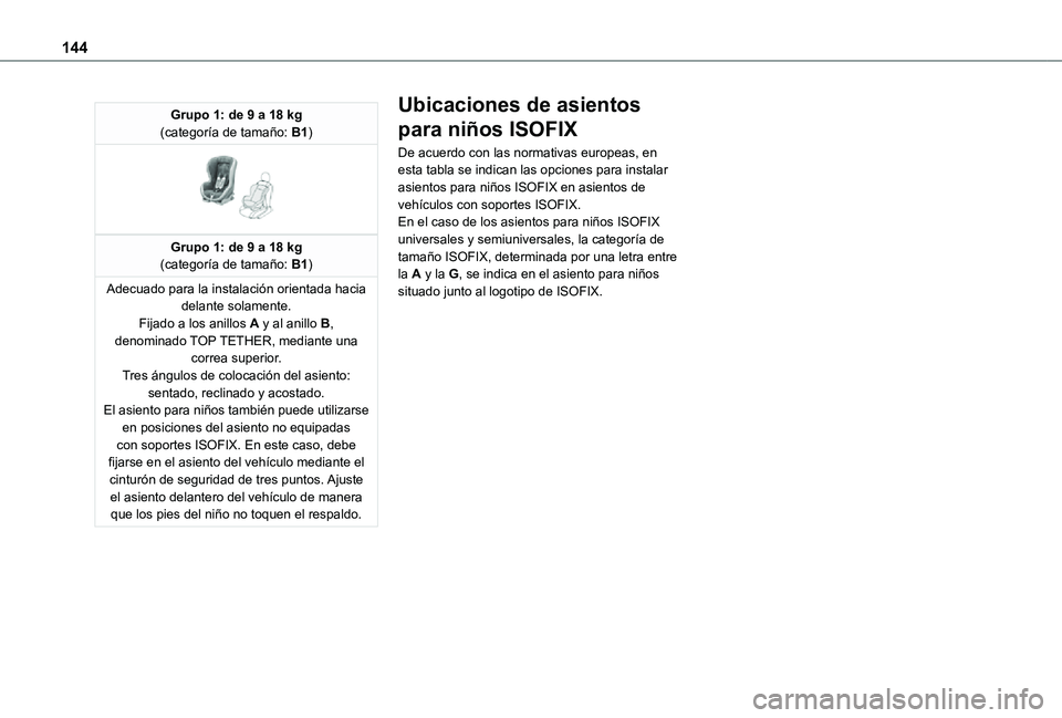 TOYOTA PROACE VERSO EV 2021 Manuale de Empleo (in Spanish) 144
Grupo 1: de 9 a 18 kg (categoría de tamaño: B1)
Grupo 1: de 9 a 18 kg (categoría de tamaño: B1)
Adecuado para la instalación orientada hacia delante solamente.Fijado a los anillos A y al a TOYOTA PROACE VERSO EV 2021 Manuale de Empleo (in Spanish) 144
Grupo 1: de 9 a 18 kg (categoría de tamaño: B1)
Grupo 1: de 9 a 18 kg (categoría de tamaño: B1)
Adecuado para la instalación orientada hacia delante solamente.Fijado a los anillos A y al a