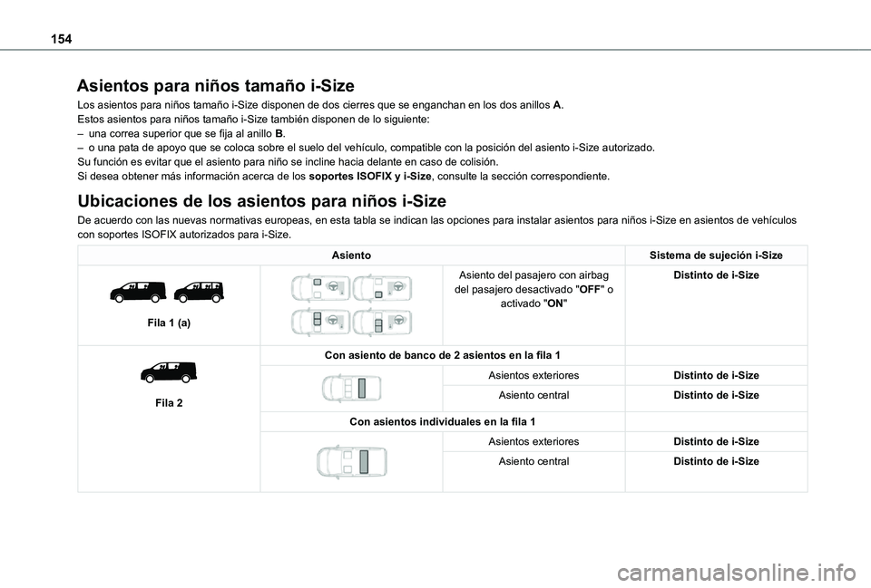 TOYOTA PROACE VERSO EV 2021 Manuale de Empleo (in Spanish) 154
Asientos para niños tamaño i-Size
Los asientos para niños tamaño i-Size disponen de dos cierres que \
se enganchan en los dos anillos A.Estos asientos para niños tamaño i-Size también dispo TOYOTA PROACE VERSO EV 2021 Manuale de Empleo (in Spanish) 154
Asientos para niños tamaño i-Size
Los asientos para niños tamaño i-Size disponen de dos cierres que \
se enganchan en los dos anillos A.Estos asientos para niños tamaño i-Size también dispo
