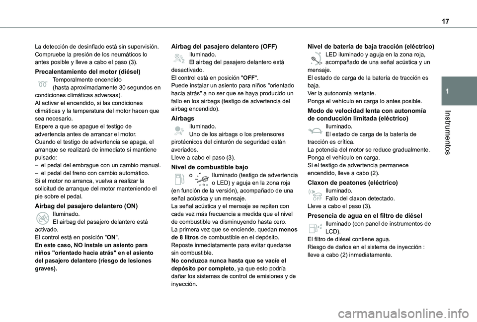 TOYOTA PROACE VERSO EV 2021  Manuale de Empleo (in Spanish) 17
Instrumentos
1
La detección de desinflado está sin supervisión.Compruebe la presión de los neumáticos lo antes posible y lleve a cabo el paso (3).
Precalentamiento del motor (diésel)Temporalm