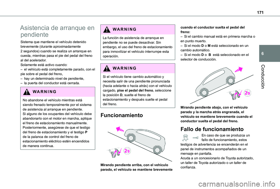 TOYOTA PROACE VERSO EV 2021 Manuale de Empleo (in Spanish) 171
Conducción
6
Asistencia de arranque en
pendiente
Sistema que mantiene el vehículo detenido brevemente (durante aproximadamente 2 segundos) cuando se realiza un arranque en cuesta, mientras pasa TOYOTA PROACE VERSO EV 2021 Manuale de Empleo (in Spanish) 171
Conducción
6
Asistencia de arranque en
pendiente
Sistema que mantiene el vehículo detenido brevemente (durante aproximadamente 2 segundos) cuando se realiza un arranque en cuesta, mientras pasa